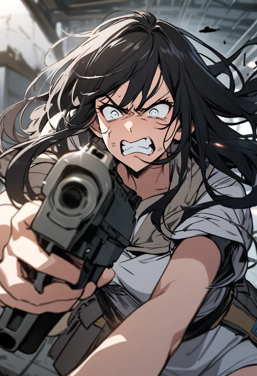 Girl with long black hair, white eyes, with a gun and angry