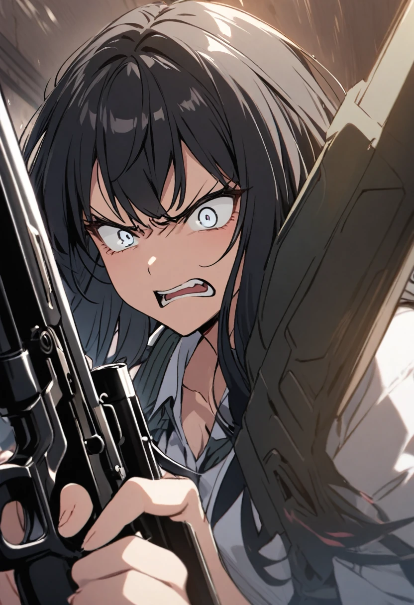 Girl with long black hair, white eyes, with a gun and angry