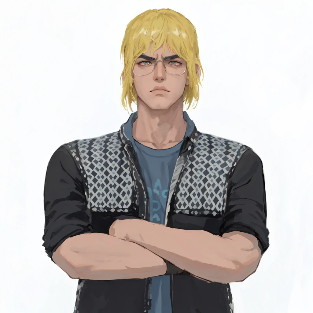 (masterpiece:1.2, best quality), (1men, solo, upper body:1.2),angry face,Hair: buzz cut, Clothing: oversized, distressed denim jacket with patches and pins, paired with black skinny jeans and combat boots, Hanging out in an underground music venue or street art exhibit
