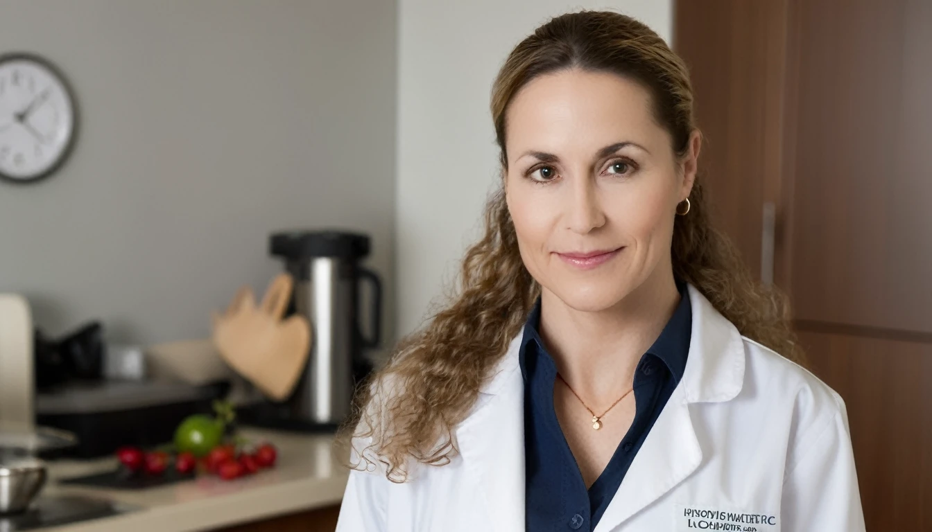 portrait, volumetric lighting, 50mm lens, closeup shot, a normal woman, nutritionist, white coat