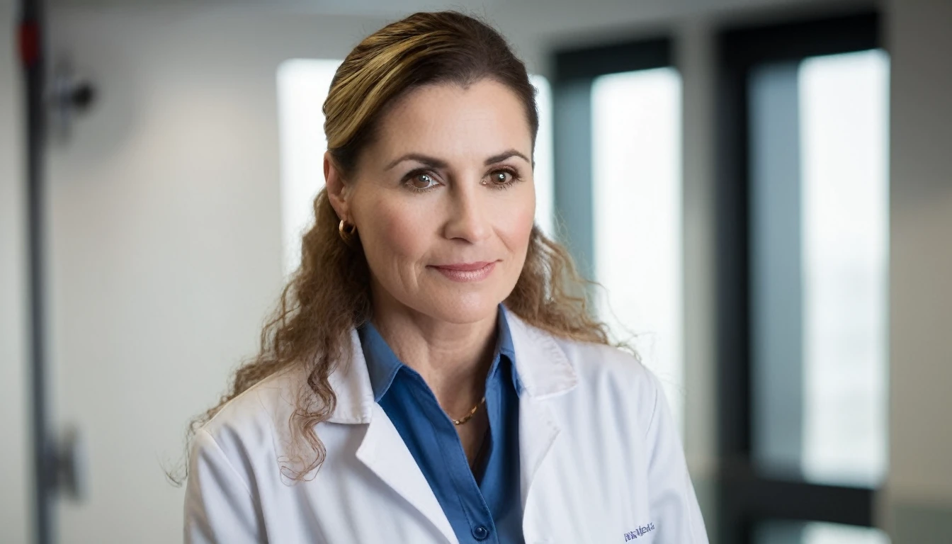 portrait, volumetric lighting, 50mm lens, closeup shot, a normal woman, nutritionist, white coat