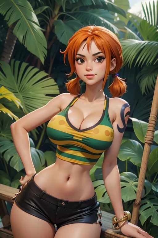 (masterpiece), best quality, expressive eyes, perfect face, (deep jungle background), (standing), (smirk), (cleavage view), (1girl, 18 years old, Nami (one piece), fair skin, orange hair, brown eyes, hourglass figure, thin body, skinny body, petite_body, large breasts, huge breasts, oppai, large cleavage, wide hips, thick thighs), (nami (one piece), nami strong world clothes, short hair, pigtails, left shoulder tattoo, exposed cleavage, rastafari flag pattern shirt, (red, yellow, and green striped pattern shirt), red strap shirt, red strap shirt, red strap shirt, rastafari, rastafari pattern, rastafari colors, sleeveless, croptop, bracelet, minishorts, black shorts),