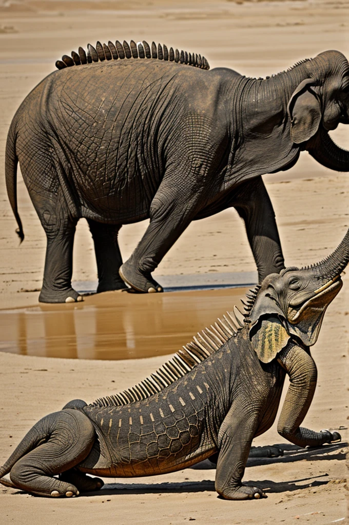 An animal with the body and head of an elephant, mammoth teeth, iguana tail and frog legs