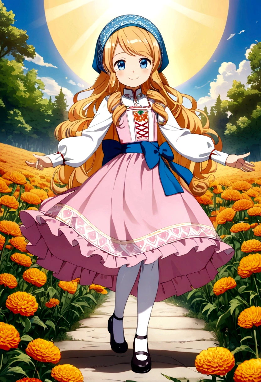 golden orange hair, gradient hair, very long hair, swept bangs, sidelocks, curly hair, wavy hair, (((((head scarf))))), head bandana, pink apron, flower in hair, marigold, orange flower, blue eyes, dirndl, pink dress, pink dirndl, long sleeves, waist apron, white apron, bow on waist, blue bow, , polish clothing, Slavic clothing, Hungarian clothing, anime, cute, full body, white leggings, black shoes, flat chest,, smile, sun, sunshine