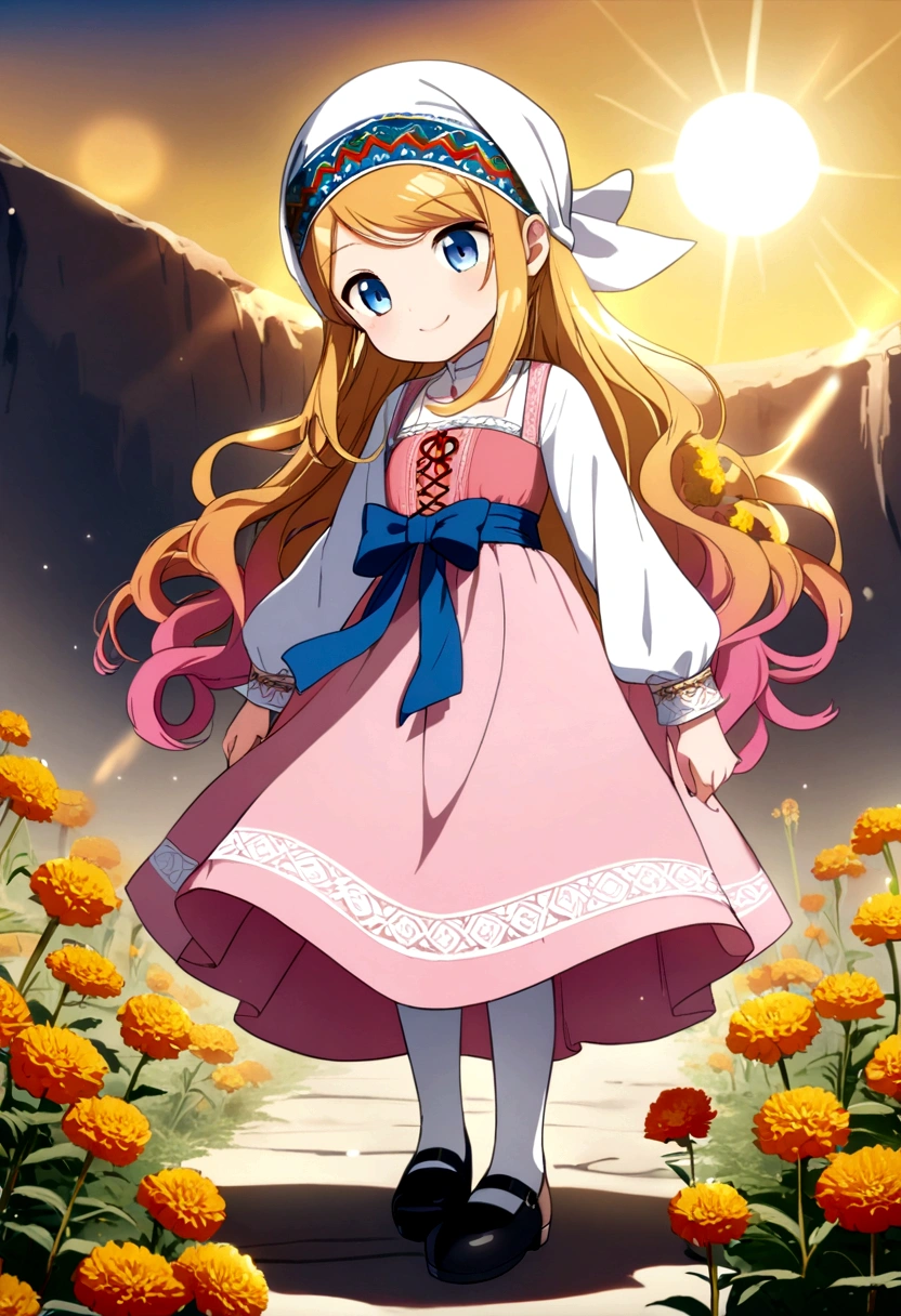 golden orange hair, gradient hair, very long hair, swept bangs, sidelocks, curly hair, wavy hair, (((((head scarf))))), head bandana, pink apron, flower in hair, marigold, orange flower, blue eyes, dirndl, pink dress, pink dirndl, long sleeves, waist apron, white apron, bow on waist, blue bow, , polish clothing, Slavic clothing, Hungarian clothing, anime, cute, full body, white leggings, black shoes, flat chest,, smile, sun, sunshine