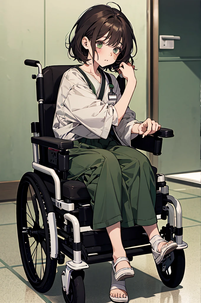 A very little and cute girl expressionless with short dark hair, dark green eyes with a notebook in her hands wearing hospital clothes in a wheelchair