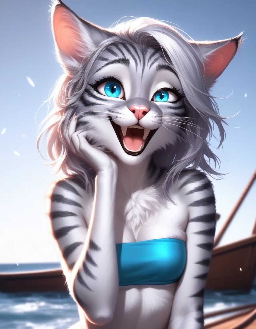 One, check_9,check_8_up,check_7_up, source_cartoon, source_fluffy, Catboat, Anthro fluffy feline girl, tall body, hourglass figure, Adult woman, Blue eyes, :3, muzzle, pink nose, silver fluffy body, tabby gray tabby cat, длинные светлые hair, hair, closing one eye, standing, hand to her face, She is laughing, Loving expression, simple white background, wear a blue bandeau, (realistic, photorealistic, hyperrealism, photo, hyper detailed fur):1.3