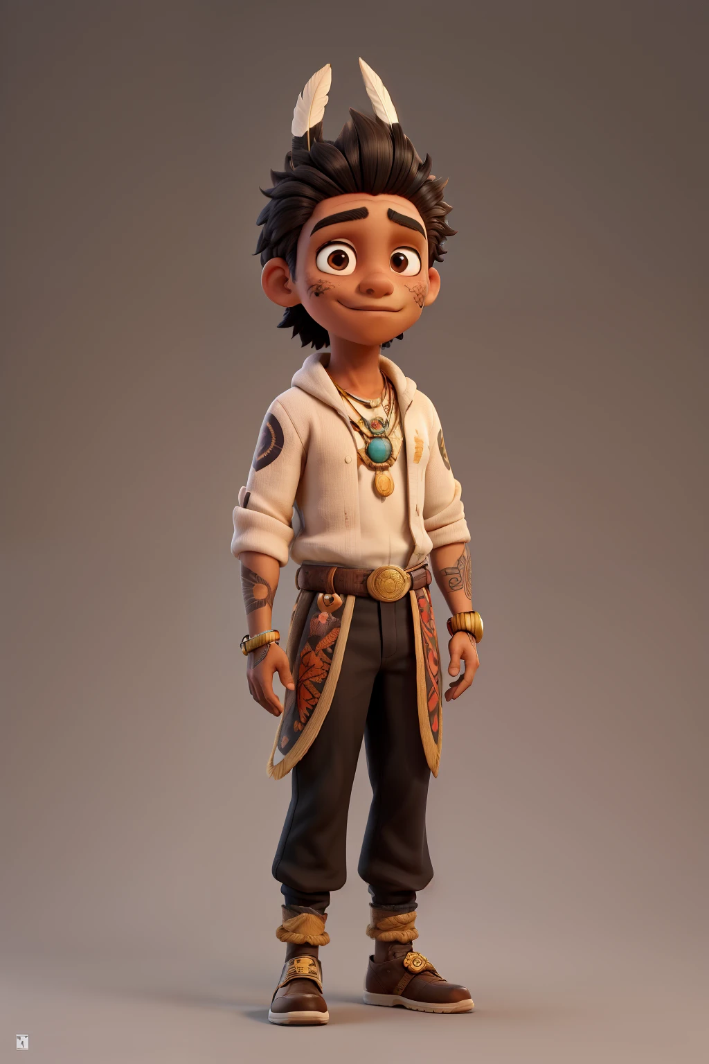 A 15-year-old indigenous youth, with golden brown skin and straight black hair adorned with feathers. His almond-shaped brown eyes reflect ancient wisdom as he wears a traditional tunic and seed necklaces.. A face tattoo with tribal symbols marks your connection to indigenous culture. Full body image with solid background, no scenario