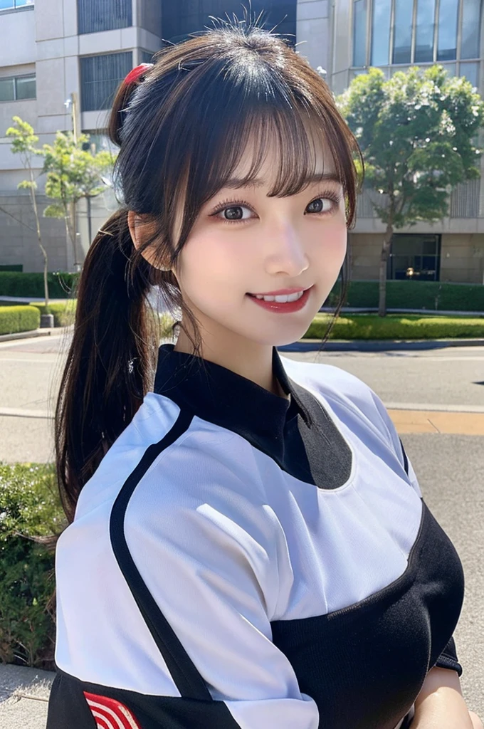 最high quality,Very detailed,finely,High resolution,8K壁紙,Perfect dynamic composition,Young Japanese Woman,Age 25, Black Hair, thin, 4K, 8K, high quality, beauty, smile, White teeth,Beautiful Eyes, Characterized by simplicity, High resolution,1 person,Japanese Idols,Large Breasts,ponytail,Landmine Makeup,Red cheeks,whole body,Soccer uniforms,