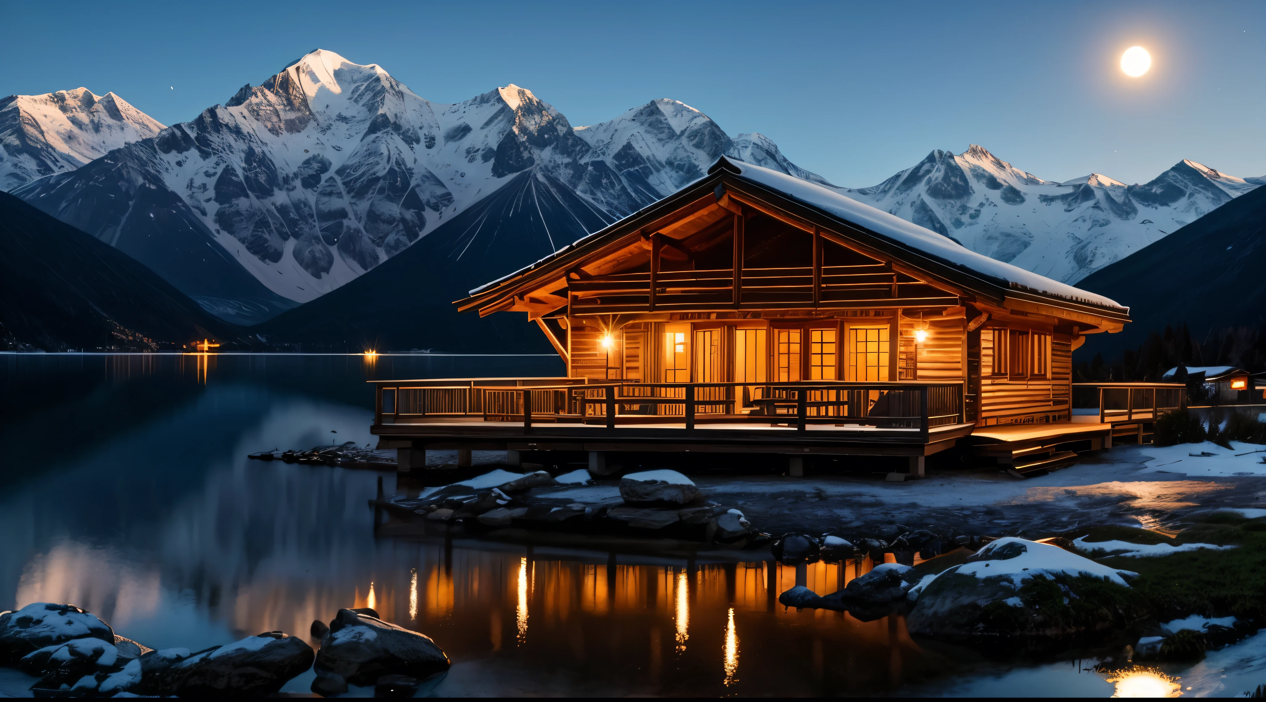 A distant mountain hut in the moonlight、Candle flame、lake、Balcony