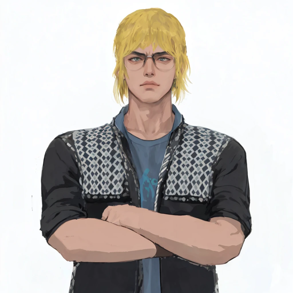 (masterpiece:1.2, best quality), (1men, solo, upper body:1.2),angry face,Hair: buzz cut, Clothing: oversized, distressed denim jacket with patches and pins, paired with black skinny jeans and combat boots, Hanging out in an underground music venue or street art exhibit