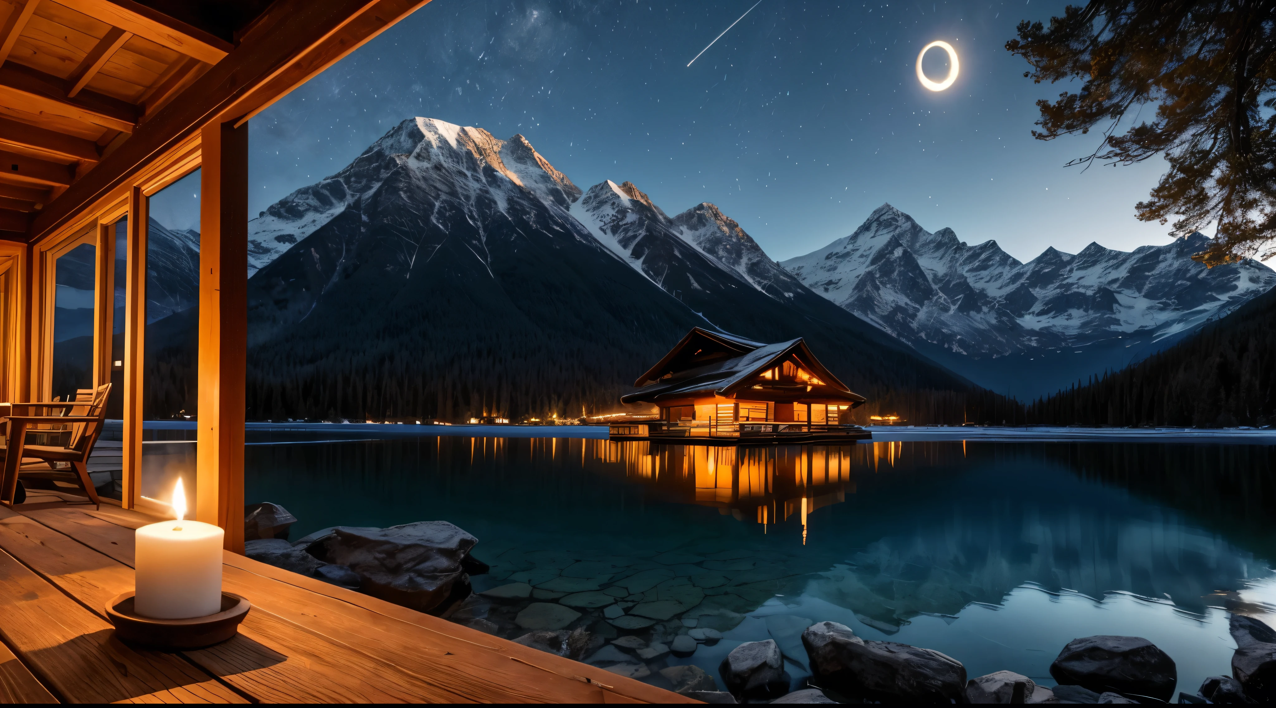 A distant mountain hut in the moonlight、Candle flame、lake、Balcony