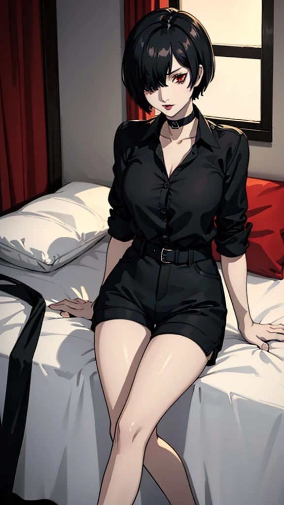 1 girl, milf, Red eyes, very Short hair, black choker, black lipstick, black lipstick, Shy, hair over one eye, black hair, female , tomboy Pixie haircut, long shirt, shorts, black stockings, thicc legs, bedroom, cowboy shot, sit