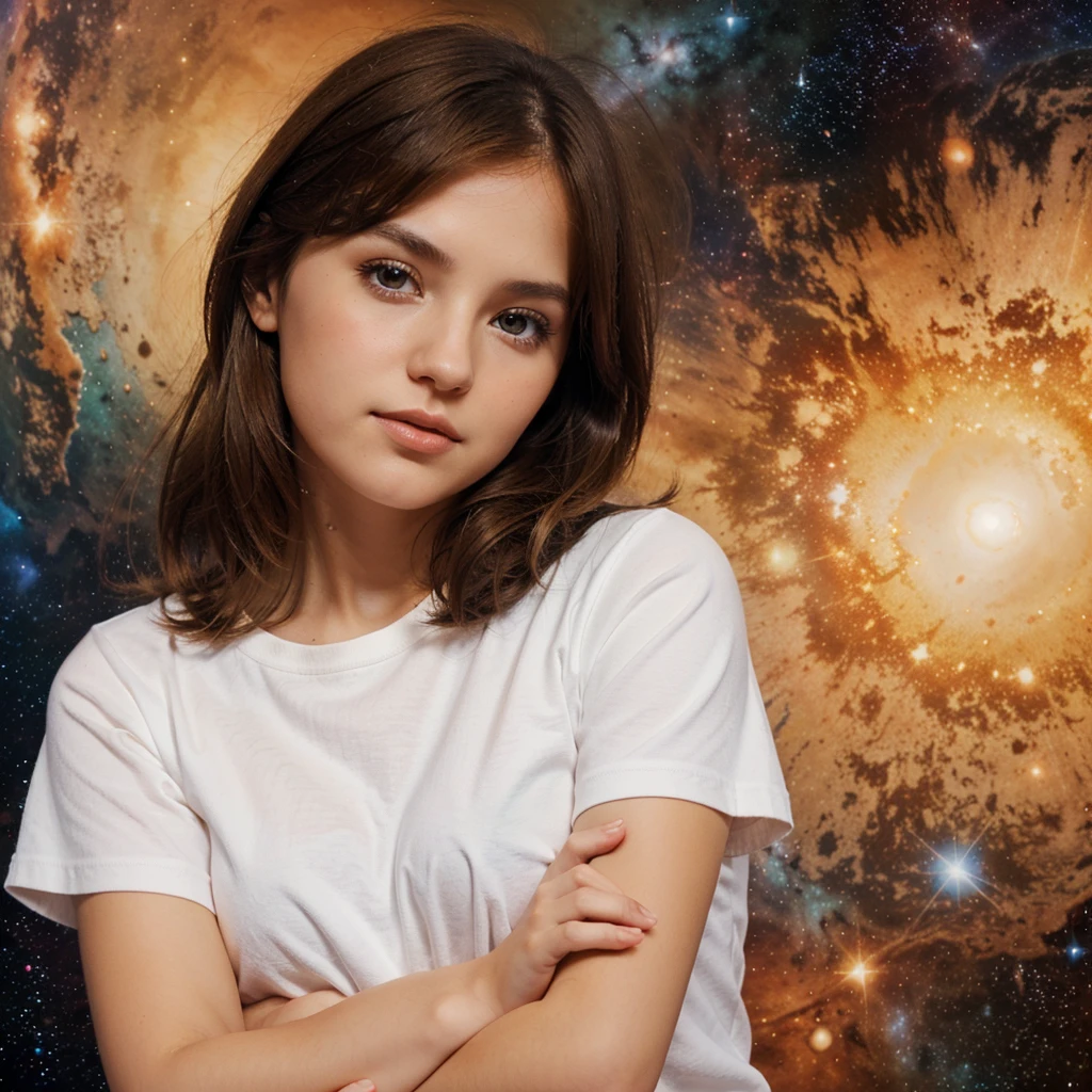 Girl, Brown hair, orange eyes, crossed arms, in the middle of the cosmos, ((animated style)), White shirt, Soft colors, colorful background, cosmic background, soft strokes