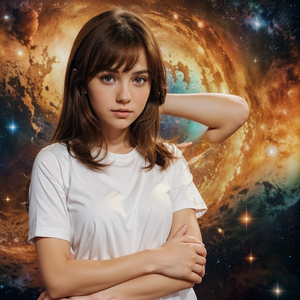 Girl, Brown hair, orange eyes, crossed arms, in the middle of the cosmos, ((animated style)), White shirt, Soft colors, colorful background, cosmic background, soft strokes