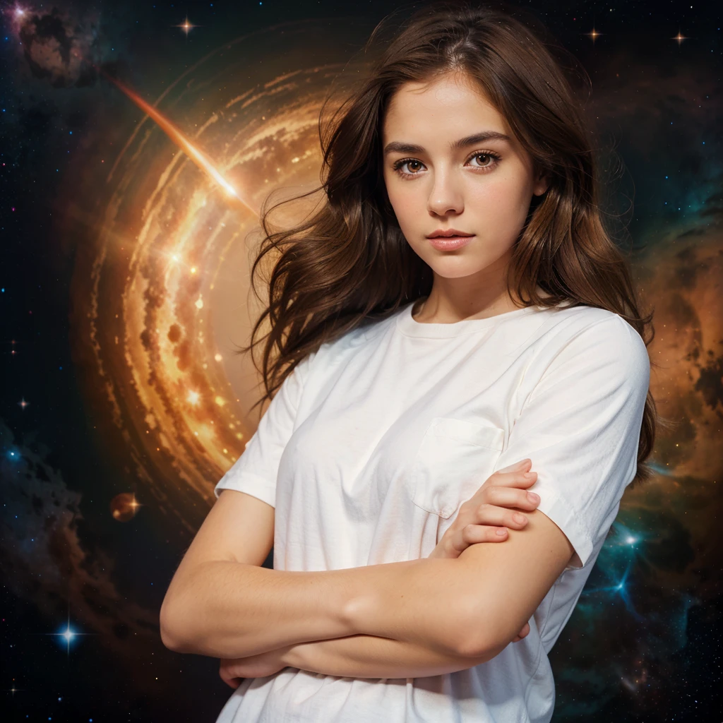Girl, Brown hair, orange eyes, crossed arms, in the middle of the cosmos, ((animated style)), White shirt, Soft colors, colorful background, cosmic background, soft strokes