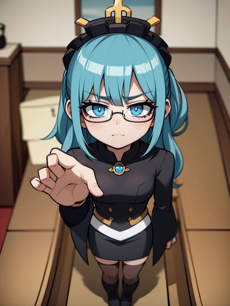 Gorgeous image quality, 8 k, high quality, masterpiece:1.2), ((masterpiece)), (high detail, high quality, Best Image Quality), solo, 1 girl, Konosuba ,aqua, blue hair, Blue eyes, detailed face, gloomy face, angry, looks at the viewer,masterpiece, Beautiful art, art style by sciamano240, очень detailed face, detailed hair, detailed clothing, detailed fabric, Beautiful face, black Dior thigh-high boots, black pencil skirt, a white blouse, glasses, I'm standing, Stooping, clouded, big breasts, middle thighs, turmoil, school setting