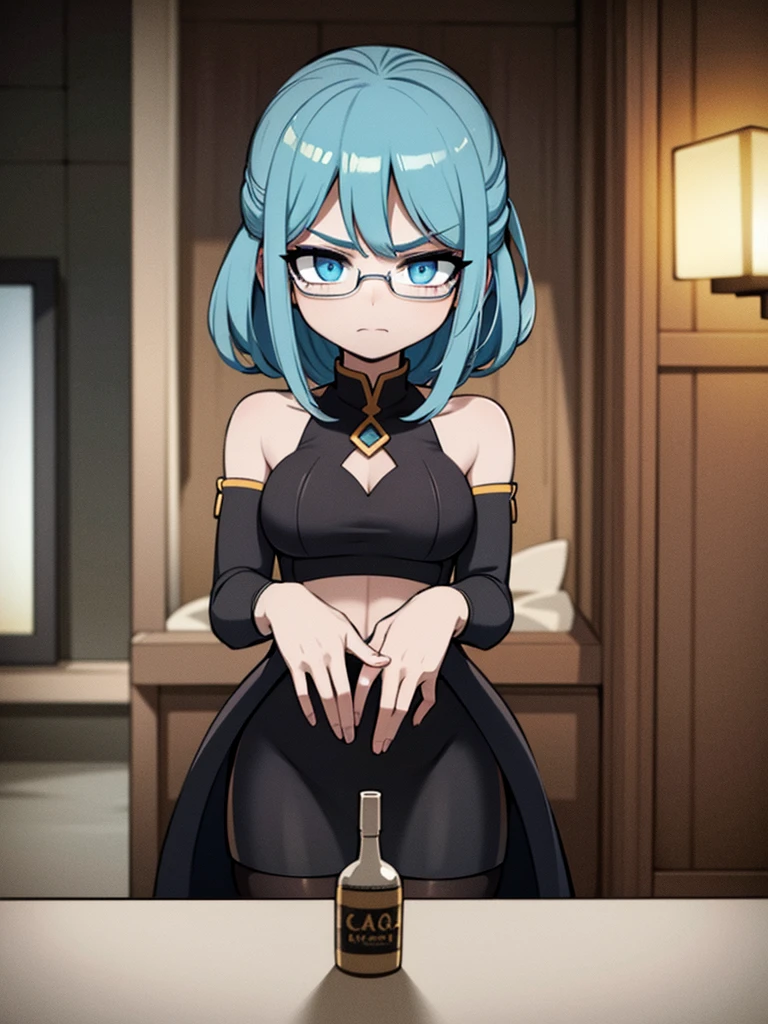 Gorgeous image quality, 8 k, high quality, masterpiece:1.2), ((masterpiece)), (high detail, high quality, Best Image Quality), solo, 1 girl, Konosuba ,aqua, blue hair, Blue eyes, detailed face, gloomy face, angry, looks at the viewer,masterpiece, Beautiful art, art style by sciamano240, очень detailed face, detailed hair, detailed clothing, detailed fabric, Beautiful face, black Dior thigh-high boots, black pencil skirt, a white blouse, glasses, I&#39;m standing, Stooping, clouded, big breasts, middle thighs, turmoil, school setting