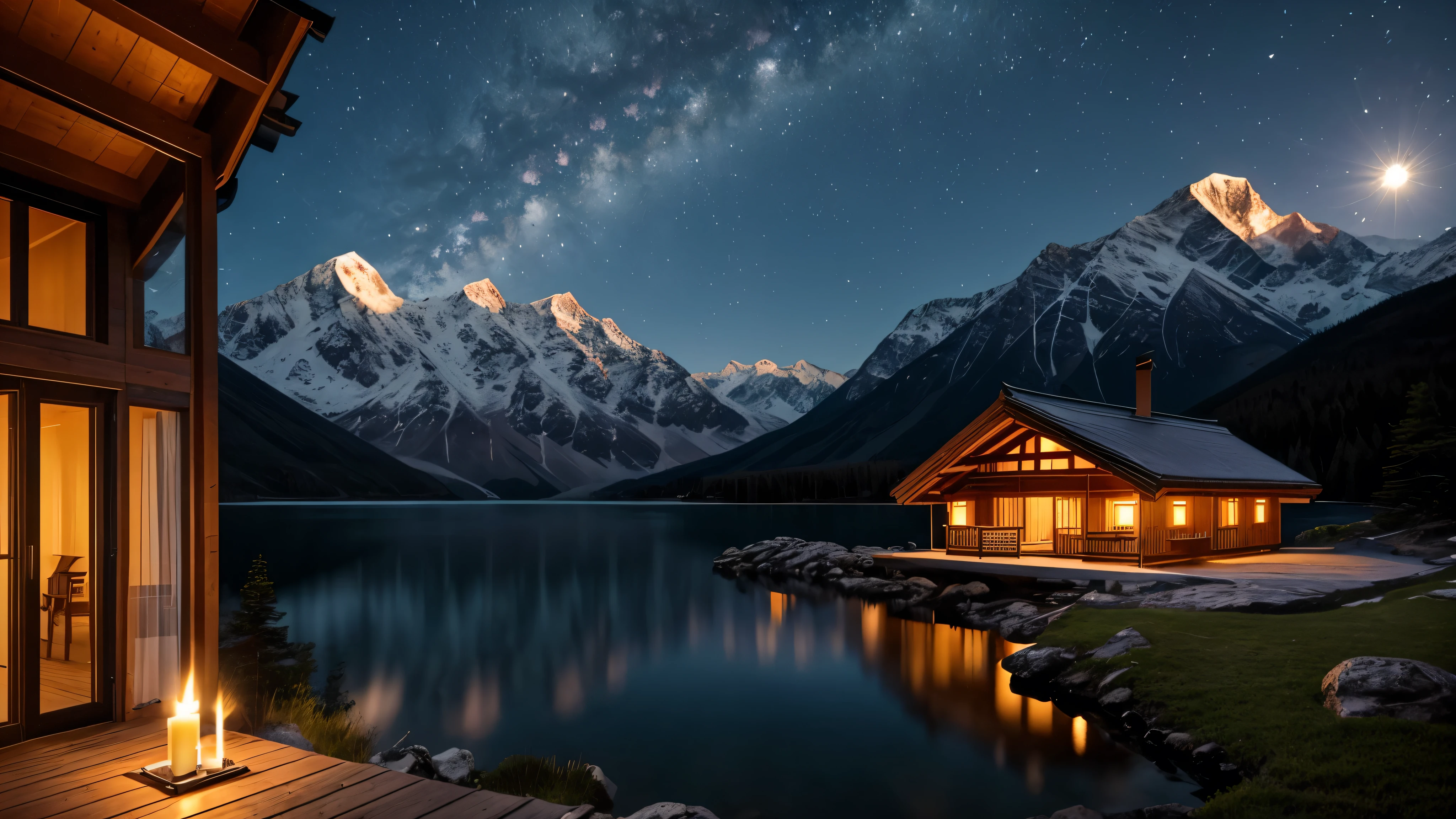 A distant mountain hut in the moonlight、Candle flame、lake、Balcony