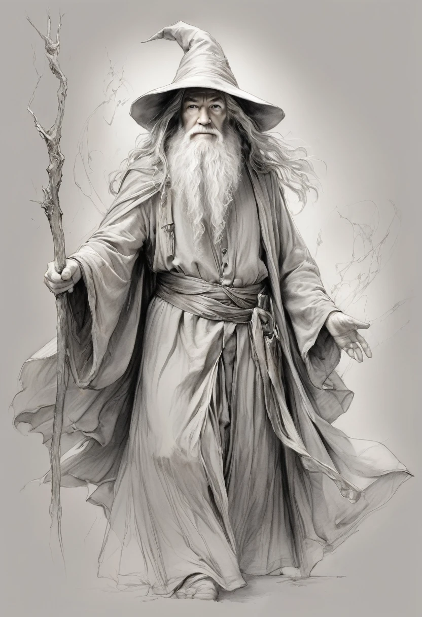 Anime line art of the wizard Gandalf from The Lord Of The Rings trilogy, in dynamic pose, by Anna Razumovskaya, sketch, best quality, masterpiece, very aesthetic, perfect composition, intricate details, ultra-detailed, B&W
