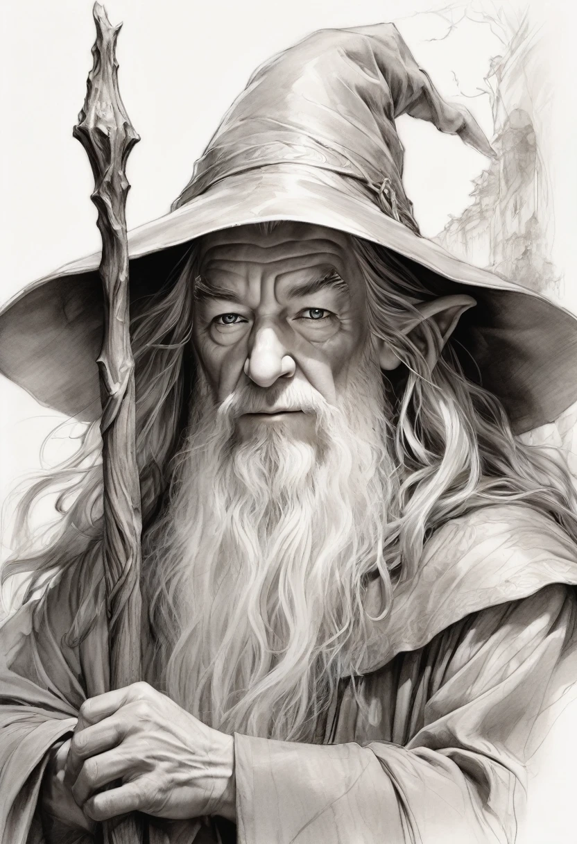 Anime line art of the wizard Gandalf from The Lord Of The Rings trilogy, in dynamic pose, by Anna Razumovskaya, sketch, best quality, masterpiece, very aesthetic, perfect composition, intricate details, ultra-detailed, B&W