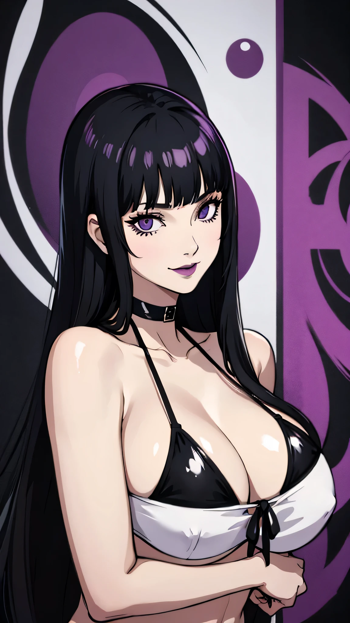 1 girl, milf, purple eyes, hair bangs, very long hair, black choker, black lipstick, black lipstick, Smile, black hair, female , bikini, portrait, huge breast