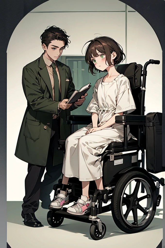 A very little and cute girl expressionless with short dark hair, dark green eyes with a notebook in her hands wearing hospital gown on a wheelchair