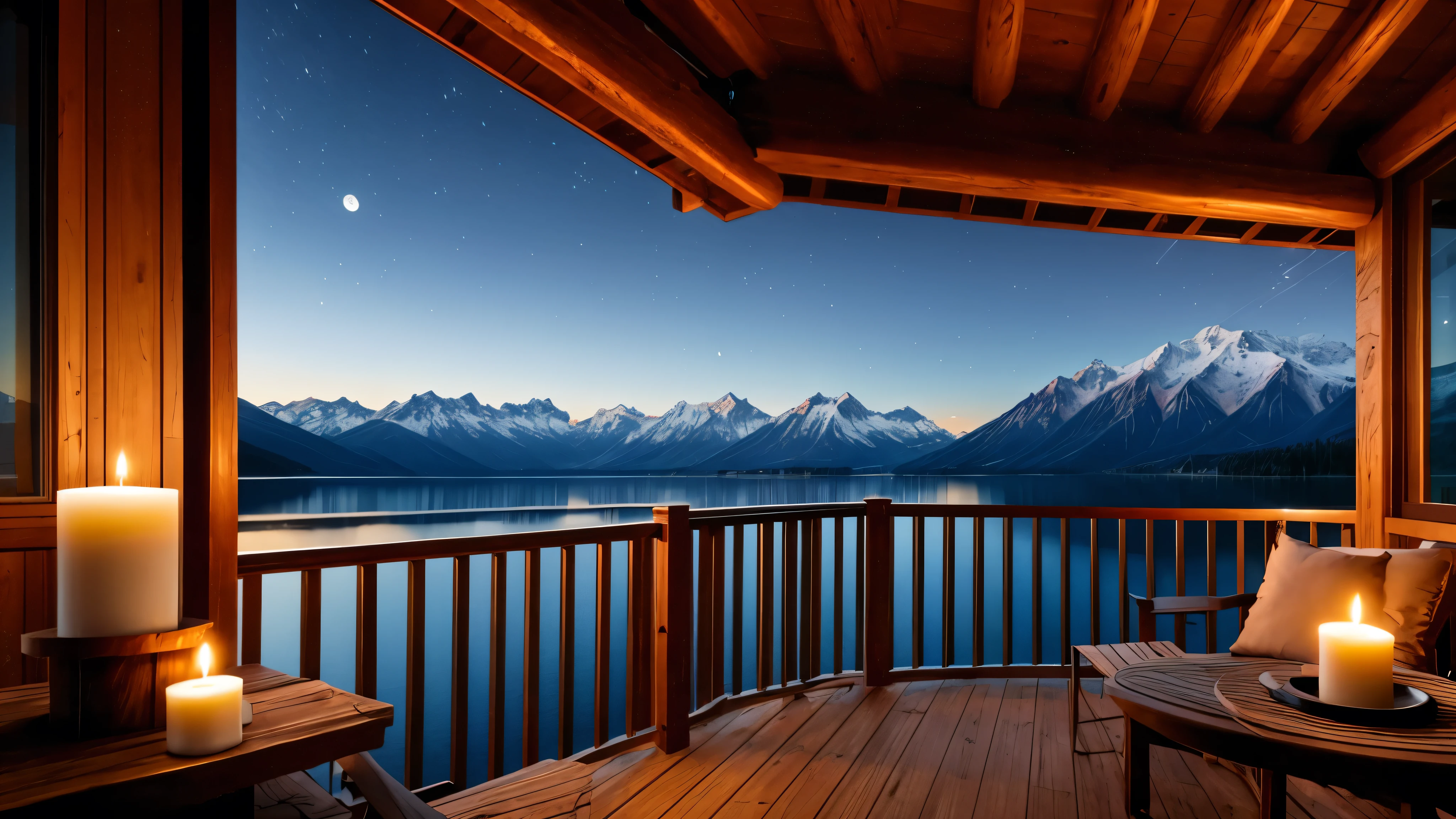 A distant mountain hut in the moonlight、Candle flame、lake、Balcony