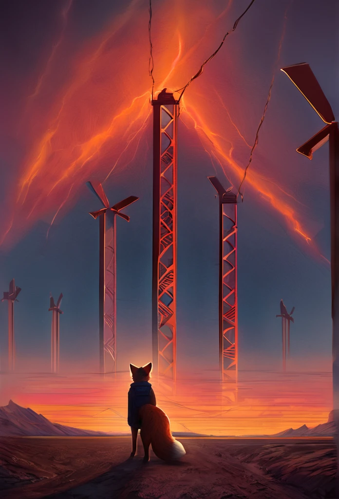 The image presents a striking anthropomorphic fox character, distinguished by its vivid red eyes and a contemplative gaze directed to the side. The character’s fur is rendered with intricate detail, and it’s adorned with a stylish blue jacket featuring a high collar, suggesting a blend of animal traits with human fashion sensibilities.  Set against a backdrop of a dramatic sunset, the sky is painted with a palette of orange, yellow, and red hues, evoking a sense of both beauty and melancholy. Electricity pylons stretch into the distance across a desolate landscape, hinting at a narrative of abandonment or a post-apocalyptic setting. This image could easily serve as a powerful visual prompt for a story, exploring themes of isolation, the intersection of technology and nature, or the inner life of this enigmatic character. The composition and the use of color create an atmosphere that is both evocative and thought-provoking, inviting viewers to delve into the world and emotions of the character. It’s a testament to the power of visual storytelling and character design.