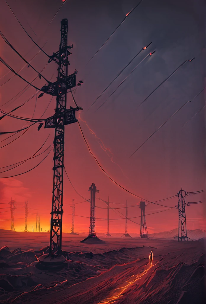 The image presents a striking anthropomorphic fox character, distinguished by its vivid red eyes and a contemplative gaze directed to the side. The character’s fur is rendered with intricate detail, and it’s adorned with a stylish blue jacket featuring a high collar, suggesting a blend of animal traits with human fashion sensibilities. Set against a backdrop of a dramatic sunset, the sky is painted with a palette of orange, yellow, and red hues, evoking a sense of both beauty and melancholy. Electricity pylons stretch into the distance across a desolate landscape, hinting at a narrative of abandonment or a post-apocalyptic setting. This image could easily serve as a powerful visual prompt for a story, exploring themes of isolation, the intersection of technology and nature, or the inner life of this enigmatic character. The composition and the use of color create an atmosphere that is both evocative and thought-provoking, inviting viewers to delve into the world and emotions of the character. It’s a testament to the power of visual storytelling and character design.