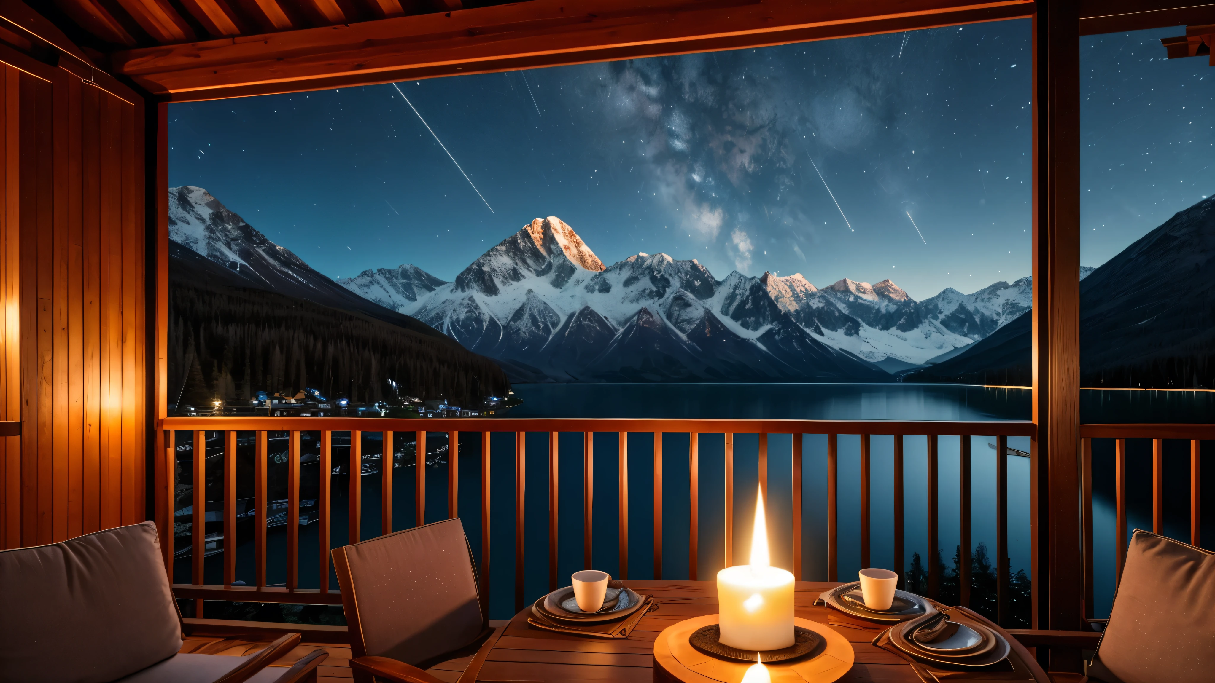 A distant mountain hut in the moonlight、Candle flame、lake、Balcony