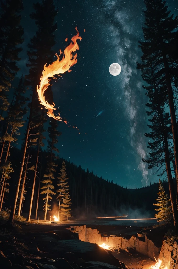 Flaming being with a body similar to that of a woman and long hair floating over a large mine. Moonlit night in the middle of the forest