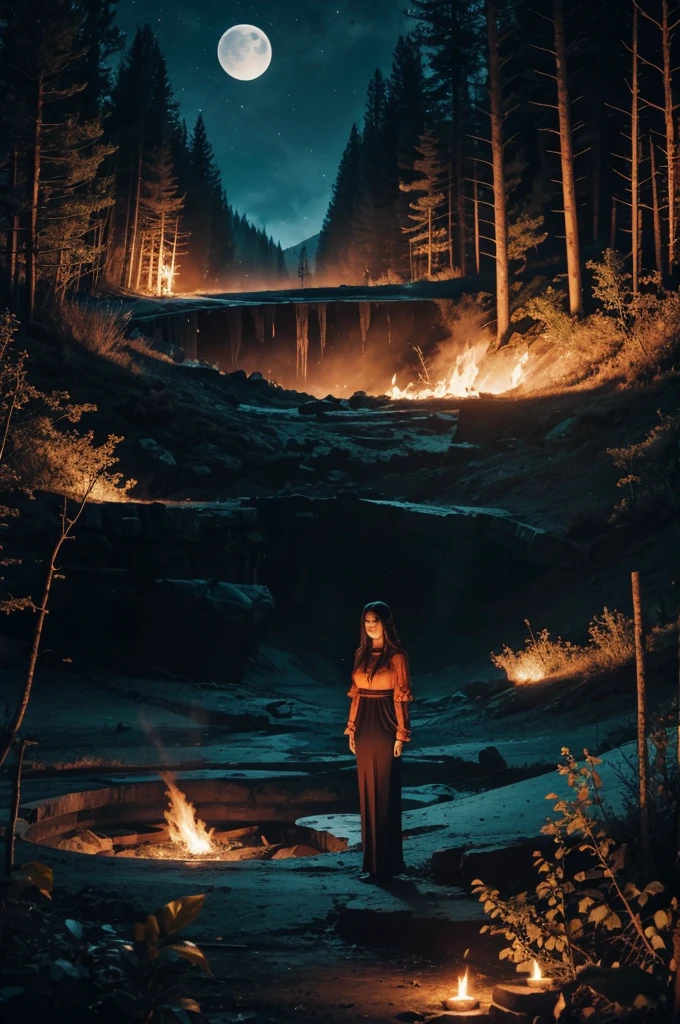 Flaming being with a body similar to that of a woman and long hair floating over a large mine. Moonlit night in the middle of the forest