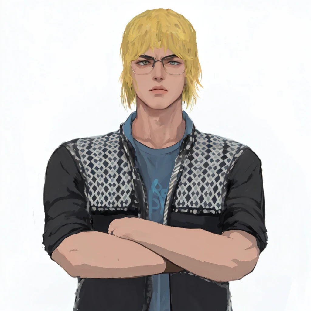 (masterpiece:1.2, best quality), (1men, solo, upper body:1.2),angry face,Hair: buzz cut, Clothing: oversized, distressed denim jacket with patches and pins, paired with black skinny jeans and combat boots, Hanging out in an underground music venue or street art exhibit