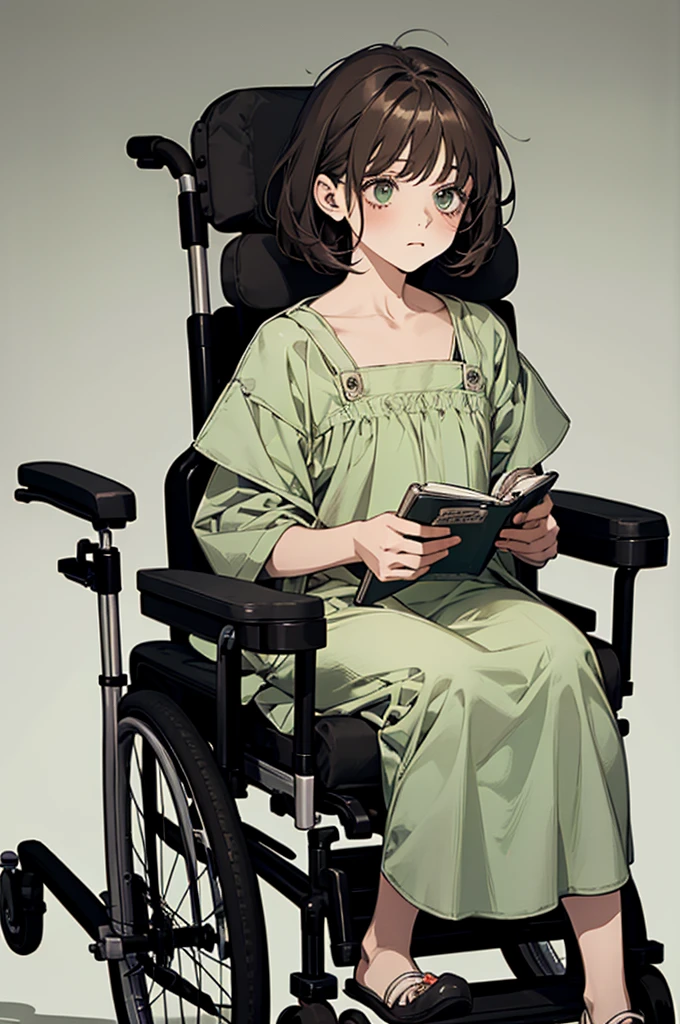 A very little and cute girl expressionless with short dark hair, dark green eyes with a notebook in her hands wearing hospital gown on a wheelchair