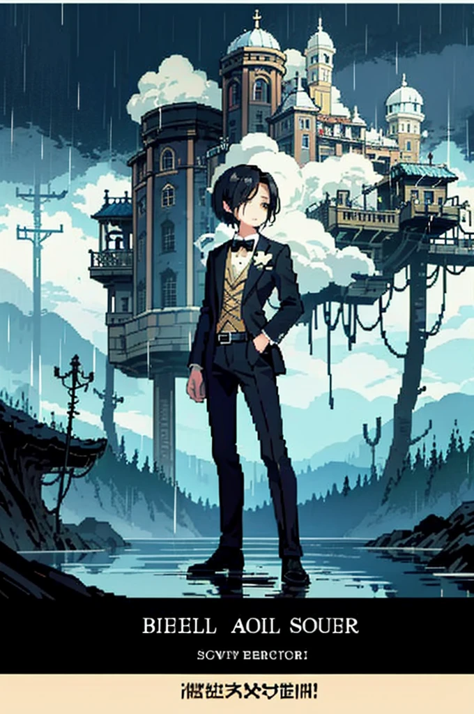 Pixel, pixel art, one boy, short hair, black hair, body, black tuxedo, straight face, cozy, poster, fantasy world, rainy