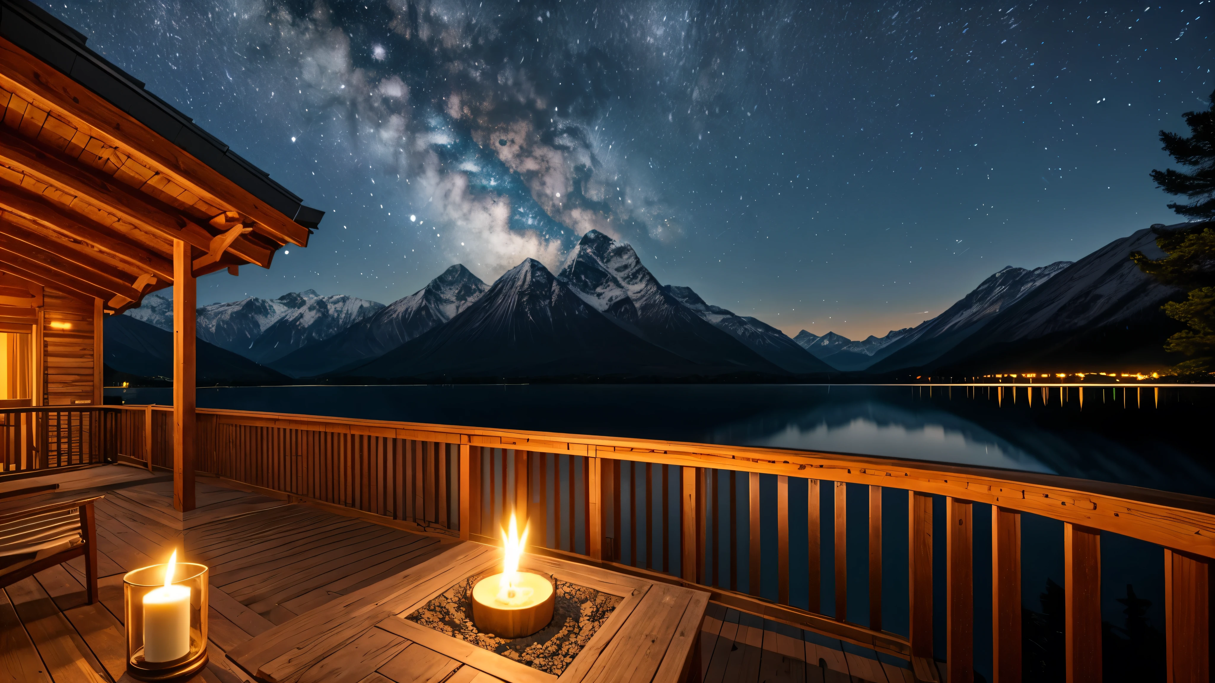 A distant mountain hut in the moonlight、Candle flame、lake、Balcony