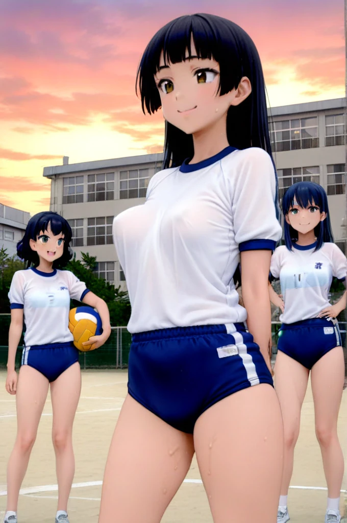 koutei,outdoors,sunset,building,window,fence,autumn clouds,3girls,,upper body,blackhair, small breasts,holding volleyball,active pose,smile,sweat, bouncing breasts,BK2S, JP530S2N, taisoufukuN, gym uniform, blue buruma, masterpiece, best quality,ultra detailed