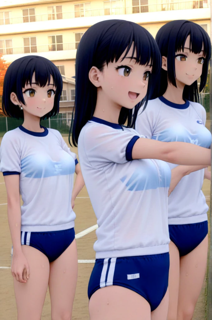 koutei,outdoors,sunset,building,window,fence,autumn clouds,3girls,,upper body,blackhair, small breasts,holding volleyball,active pose,smile,sweat, bouncing breasts,BK2S, JP530S2N, taisoufukuN, gym uniform, blue buruma, masterpiece, best quality,ultra detailed