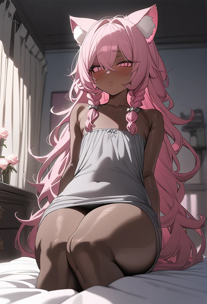 Best quality, highly detailed, ultra detailed, 1 very Dark brown skin boy, chocolate skin, flat chest, male chest, curvy body, long dreadlocks, pink dreadlocks, pink eyes, cat ears, lipgloss, wearing grey dress, booty, feet, bedroom background