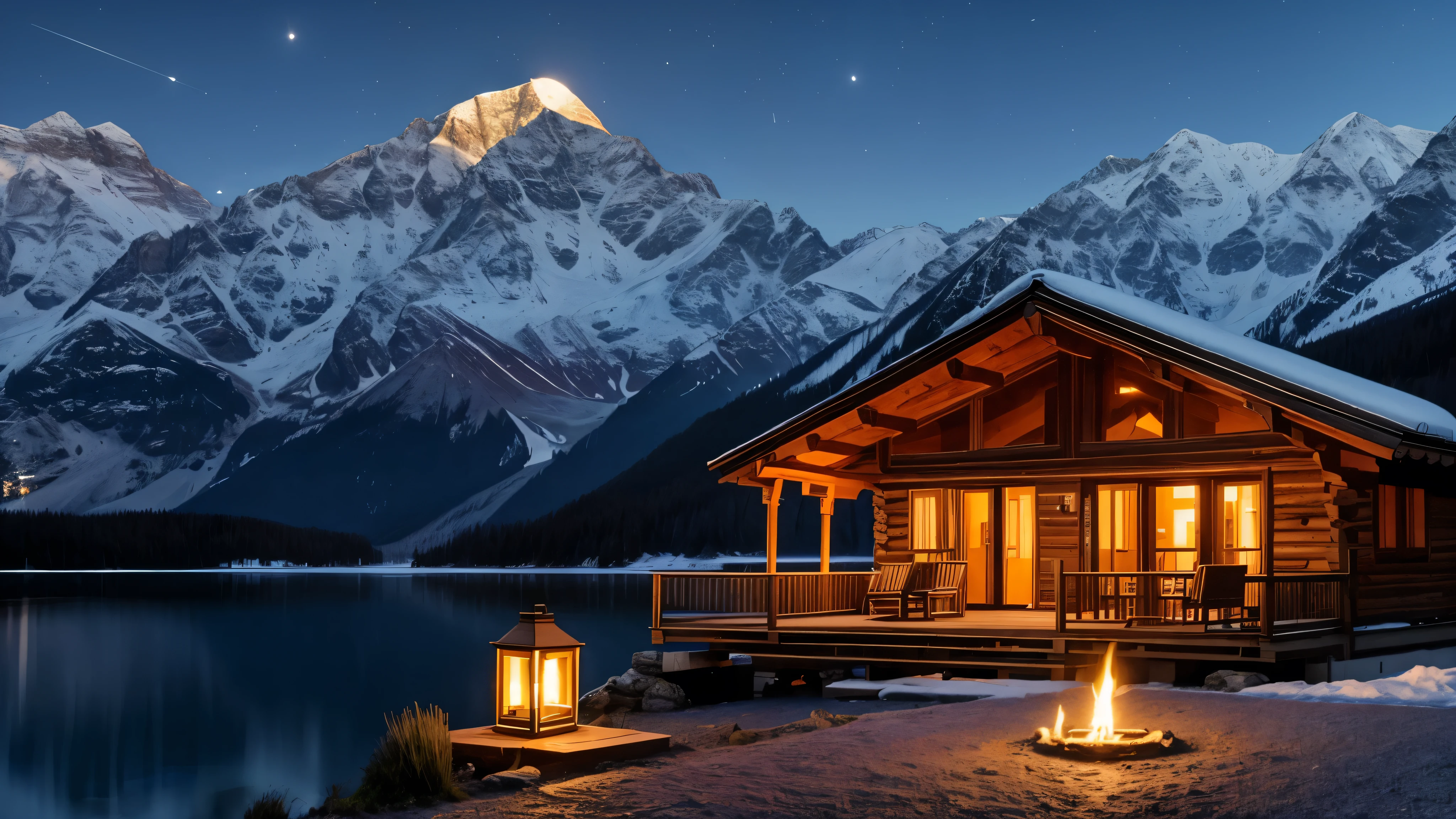 A distant mountain hut in the moonlight、Candle flame、lake、Balcony