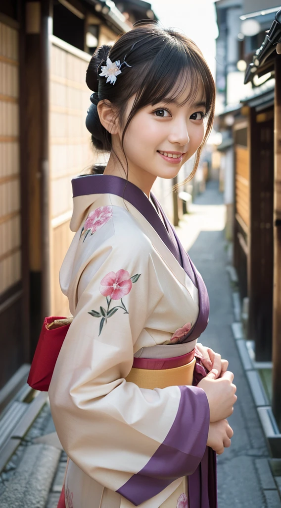 professional lighting,(Photoreal:1.4), (Top image quality:1.0), (超A high resolution:1.0), 8K, Raw photography、(highest quality Detail:1.2)、realistic、8K UHD、High resolution、(1 girl:1.2)、超be familiar withな、High quality textures、intricate details、be familiar with、Very be familiar with CG、High quality shadows、be familiar with beautiful and delicate face、Beautiful details and delicate eyes、(symmetrical eyes:1.2),written boundary depth、ray tracing,1 girl, japanese girl, (natural smile:1.4),cute, thin, Portrait of a beautiful Japanese woman wearing a kimono, Standing elegantly on a street corner in Kyoto. Kimono with bright traditional patterns, Hair decorated with elegant and delicate hairpins, and a gentle expression. (Against the backdrop of the old streets of Kyoto:1.4)、soft light on a spring afternoon、adds tranquility to the scene. Rendered in a realistic style with great attention to detail, High resolution images.sky porn, magic hour, (realistic:1.3), finely, quality, (table top:1.2), (realistic:1.2), (highest quality), (be familiar with), dramatic, ray tracing, photograph, +roller,