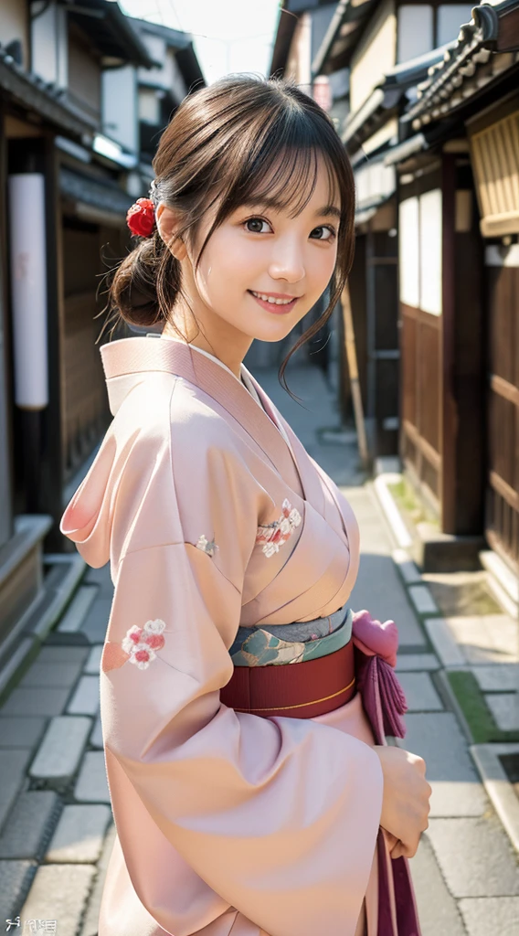 professional lighting,(Photoreal:1.4), (Top image quality:1.0), (超A high resolution:1.0), 8K, Raw photography、(highest quality Detail:1.2)、realistic、8K UHD、High resolution、(1 girl:1.2)、超be familiar withな、High quality textures、intricate details、be familiar with、Very be familiar with CG、High quality shadows、be familiar with beautiful and delicate face、Beautiful details and delicate eyes、(symmetrical eyes:1.2),written boundary depth、ray tracing,1 girl, japanese girl, (natural smile:1.4),cute, thin, Portrait of a beautiful Japanese woman wearing a kimono, Standing elegantly on a street corner in Kyoto. Kimono with bright traditional patterns, Hair decorated with elegant and delicate hairpins, and a gentle expression. (Against the backdrop of the old streets of Kyoto:1.4)、soft light on a spring afternoon、adds tranquility to the scene. Rendered in a realistic style with great attention to detail, High resolution images.sky porn, magic hour, (realistic:1.3), finely, quality, (table top:1.2), (realistic:1.2), (highest quality), (be familiar with), dramatic, ray tracing, photograph, +roller,