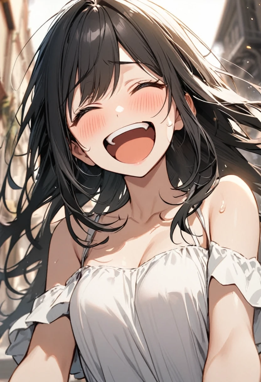 Girl with long black hair, white eyes, wearing a white dress and laughing