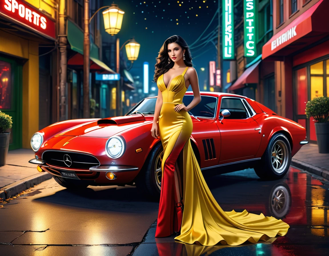 a picture of a female model wearing an evening dress standing near a red sports car, glamorous model woman, extremely beautiful face, ultra feminine, detailed face, exquisite beautiful face,  black hair, long hair, wavy hair, beautiful green eyes, she wears a ((yellow evening dress: 1.5)), elegant, intricate detailed dress, silk dress, small cleavage, she wears elegant knee high heeled boots, exquisite knee high heeled boots, standing near a ((red sports car: 1.5)), in a cyberpunk street an night background, moon, stars, lamp light,  (Masterpiece: 1.5), 16k, highres, best quality, high details, ultra detailed, masterpiece, best quality, (extremely detailed), LU, drkfntasy