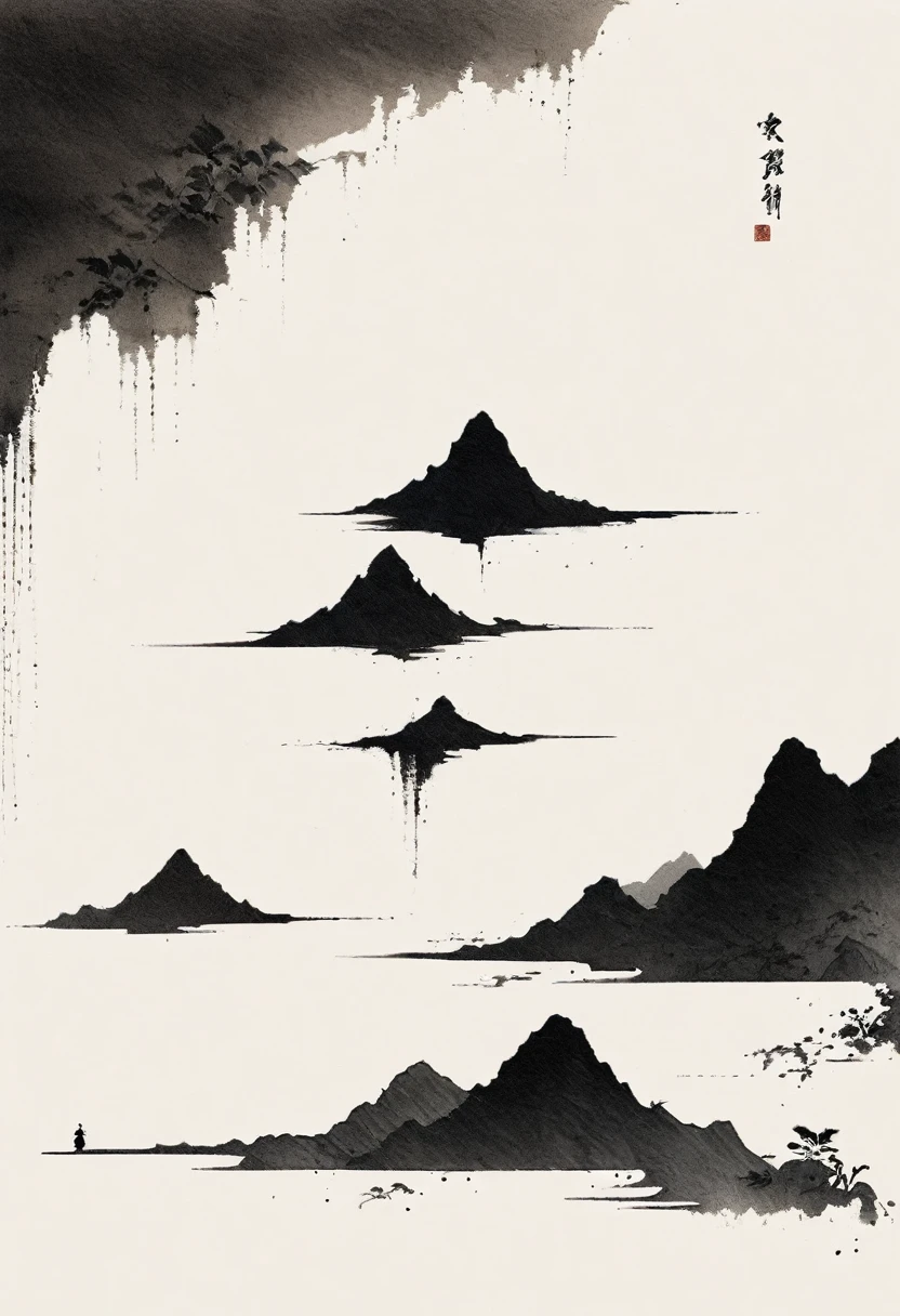 Artistic ink painting,Three-dimensional ink painting,Minimalism,Minimalist graphicinimal Art,Clean background,Ancient Style White Space,White Space,Large White Space,Texture Matte,Low saturation,Minimalist composition,Master composition。Mountain,A person far away