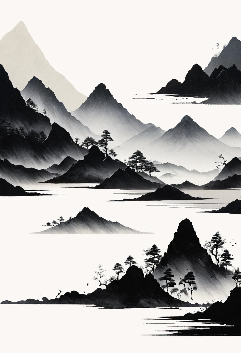 Artistic ink painting，Three-dimensional ink painting，Minimalism，Minimalist graphicinimal Art，Clean background，Ancient Style White Space，White Space，Large White Space，Texture Matte，Low saturation，Minimalist composition，Master composition。Mountain，A person far away