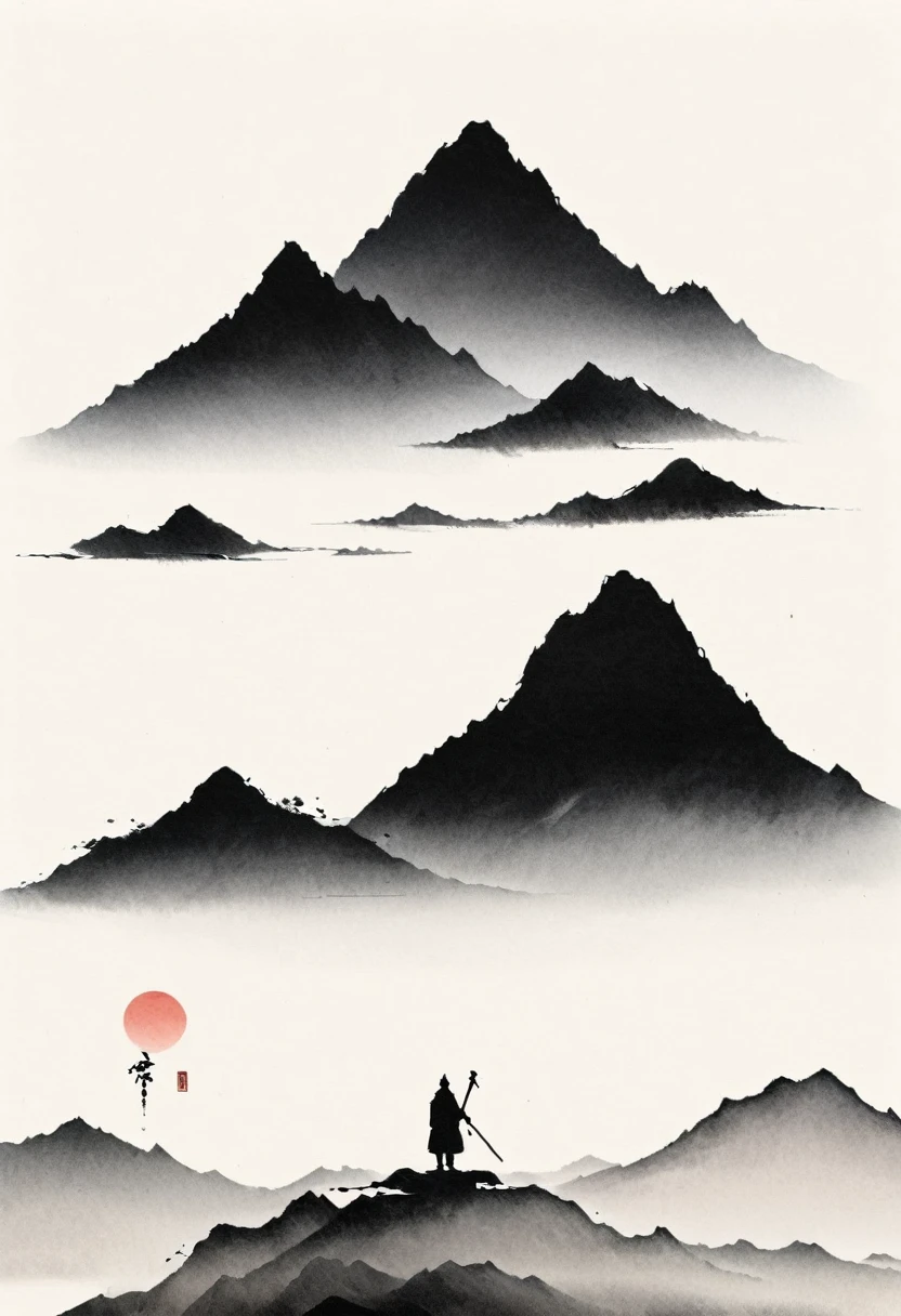 Artistic ink painting,Three-dimensional ink painting,Minimalism,Minimalist graphicinimal Art,Clean background,Ancient Style White Space,White Space,Large White Space,Texture Matte,Low saturation,Minimalist composition,Master composition。Mountain,A person far away