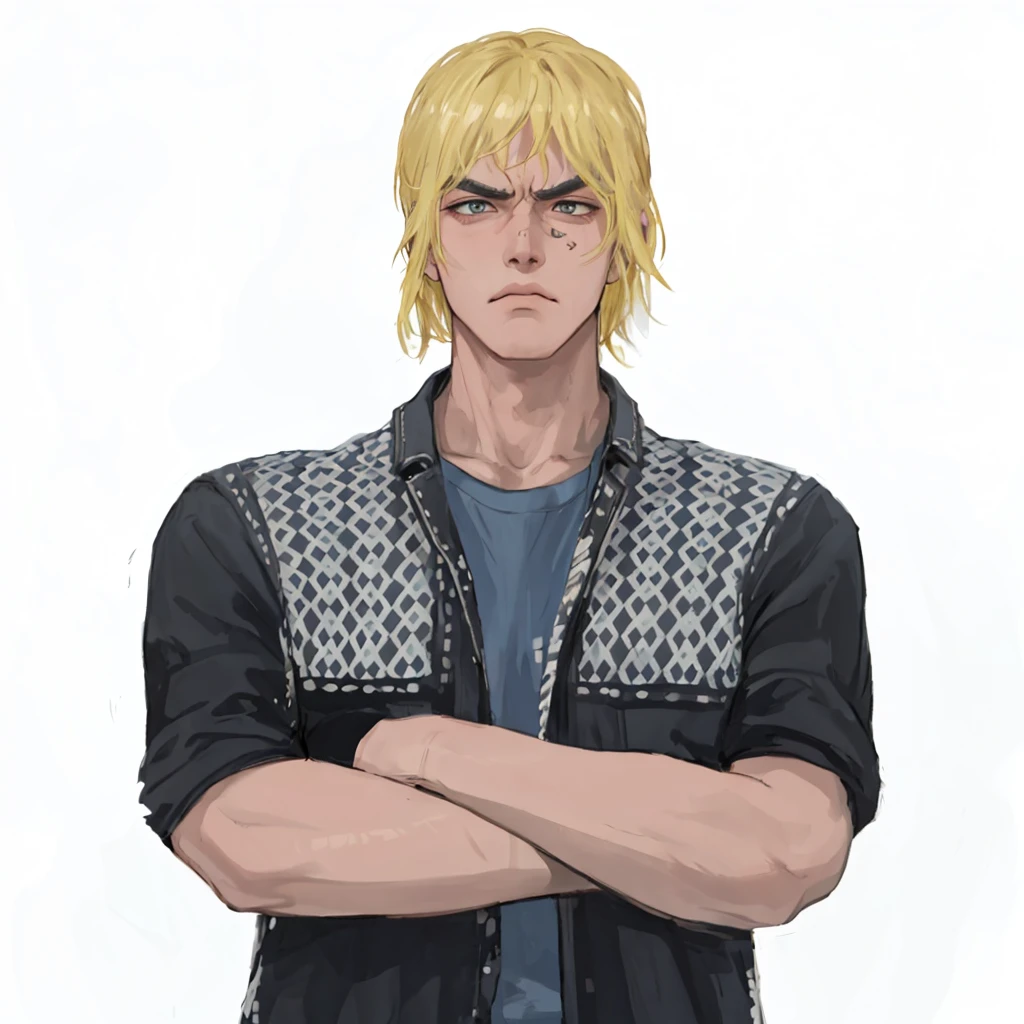 (masterpiece:1.2, best quality), (1men, solo, upper body:1.2),angry face,Hair: buzz cut, Clothing: oversized, distressed denim jacket with patches and pins, paired with black skinny jeans and combat boots, Hanging out in an underground music venue or street art exhibit