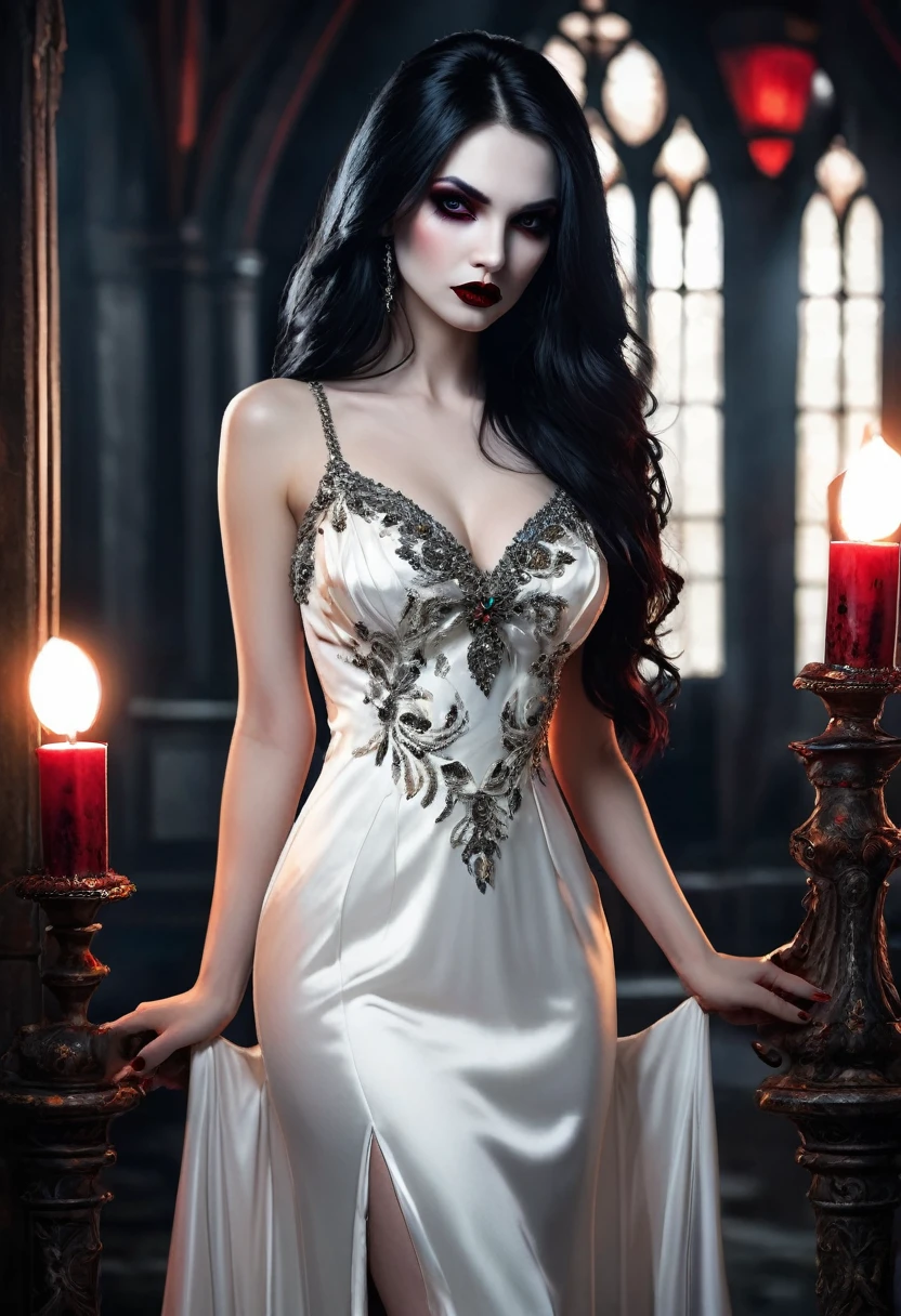 Arafed, dark fantasy art, goth art, a beautiful female vampire wearing a (blood stained white evening dress: 1.5), an extremely beautiful female vampire, ultra detailed face, black hair, long hair, wavy hair, dark glamour make up, pale skin, red lips, glowing red eyes, visible vampiric fangs, she wears a ((white evening dress: 1.5)), elegant, intricate detailed dress, silk dress, small cleavage, ((dress is decorated with gems: 1.4)), she wears elegant knee high heeled boots, exquisite knee high heeled boots, there are stains of blood on the upper part of the dress, dynamic background